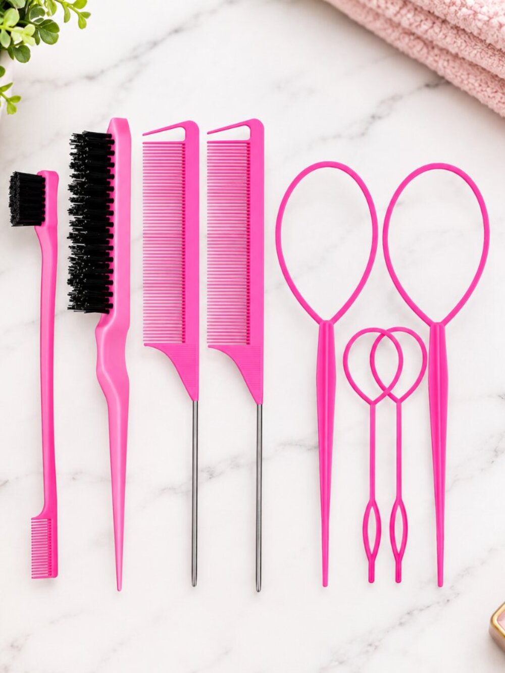 ZVOREI 8Pcs Hair Brushes Set wit, Pink 4Pcs Topsy Hair Tail Tools